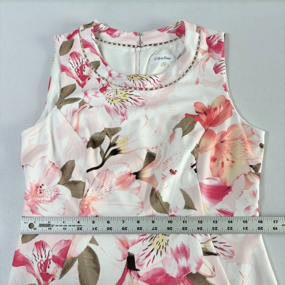 Calvin Klein Sheath Dress Women 12 Pink Floral Pearl Accent Neckline Sleeveless - Picture 10 of 12